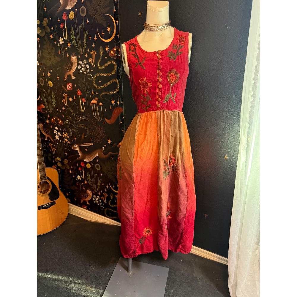 Nancy K Boho Embroidered Sunset Midi Dress Sleeveless Floral Red Orange XL